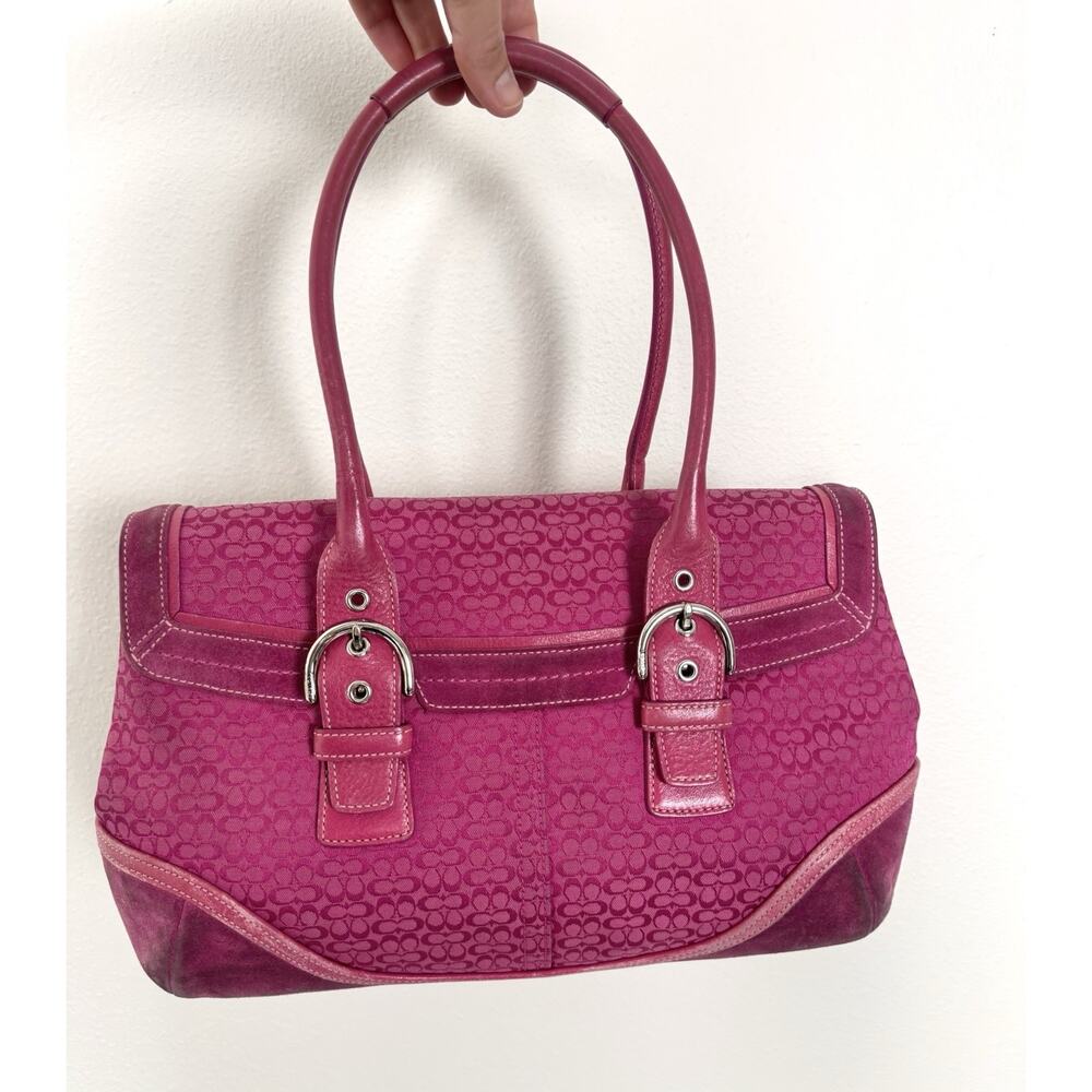 Vintage Coach Soho 7080 Pink Signature Jacquard Suede Flap Satchel Y2K Bag Rare - Picture 11 of 13